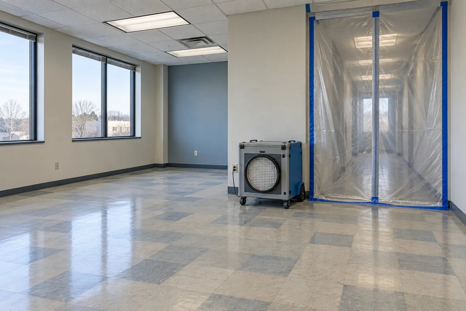 Empty office floor with old checkered vinyl floor tile, an air scrubber unit and a plastic-sheeted containment doorway with blue tape, large windows