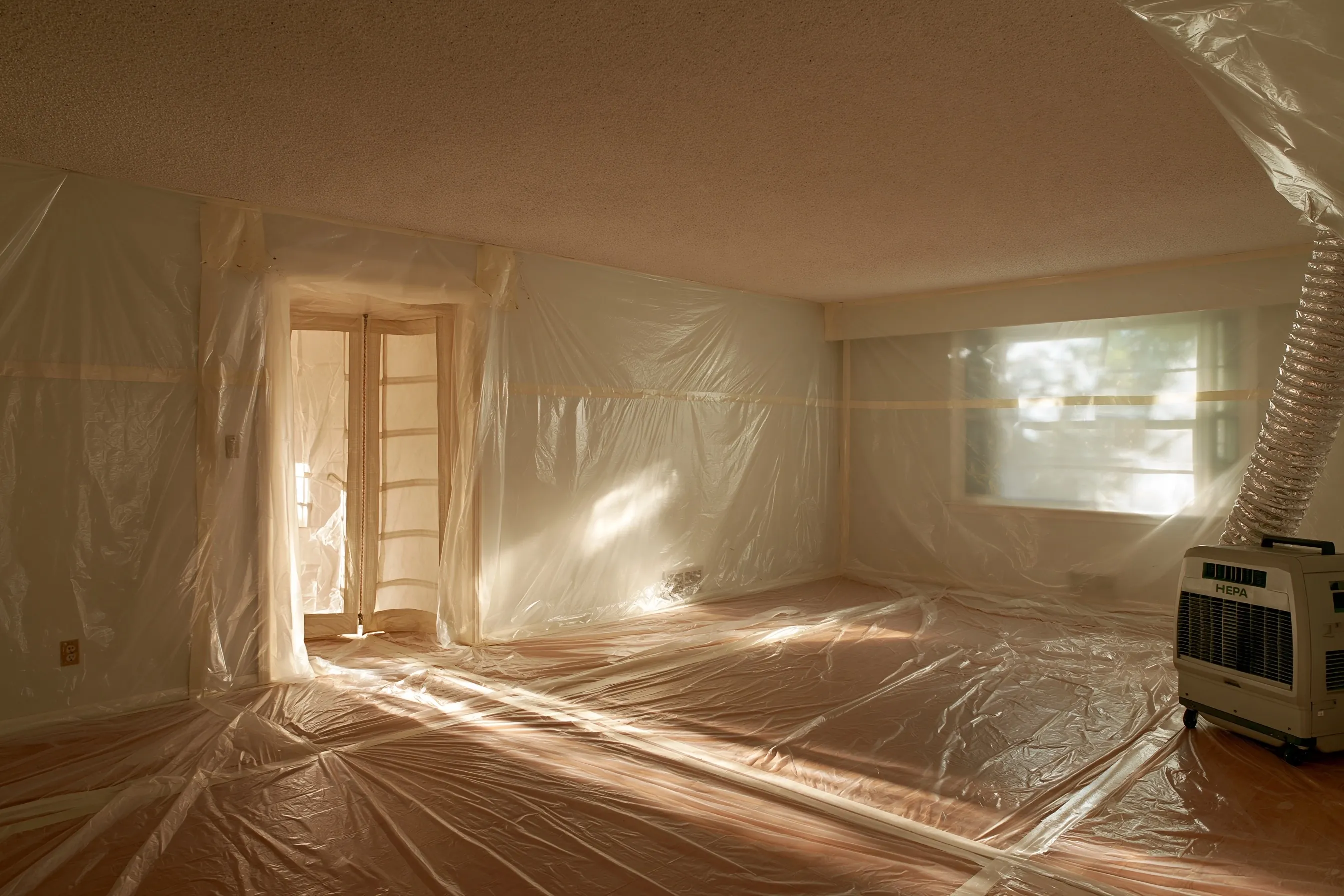 Textured popcorn ceiling in a living room, sealed off with plastic sheeting